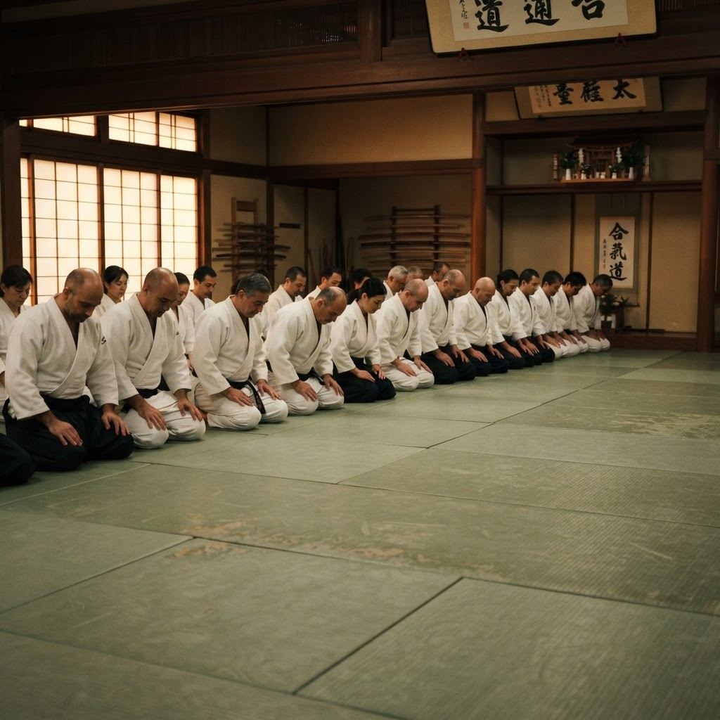 Practicantes de aikido en reverencia al final de la clase