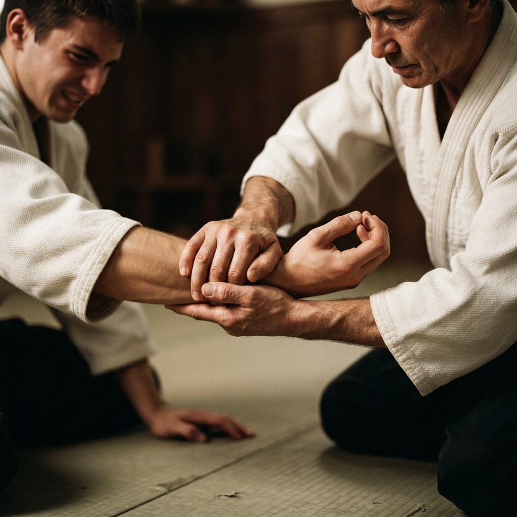 Instructor de aikido demostrando una técnica de muñeca